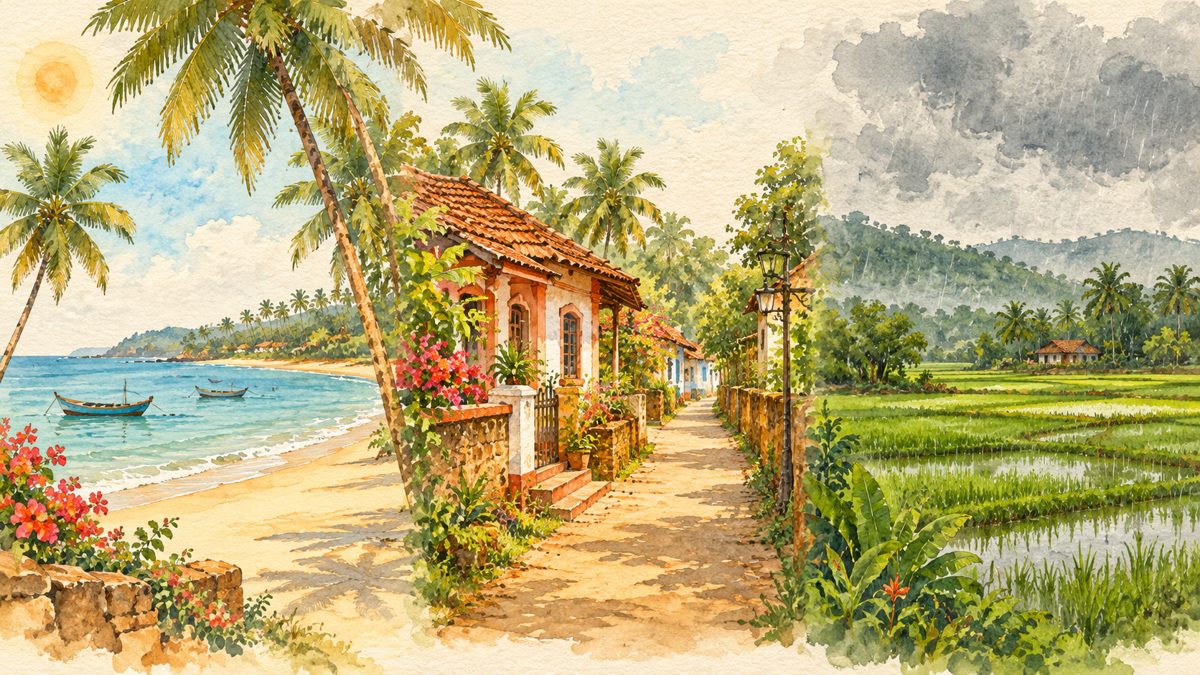 Watercolour illustration of North Goa through the seasons