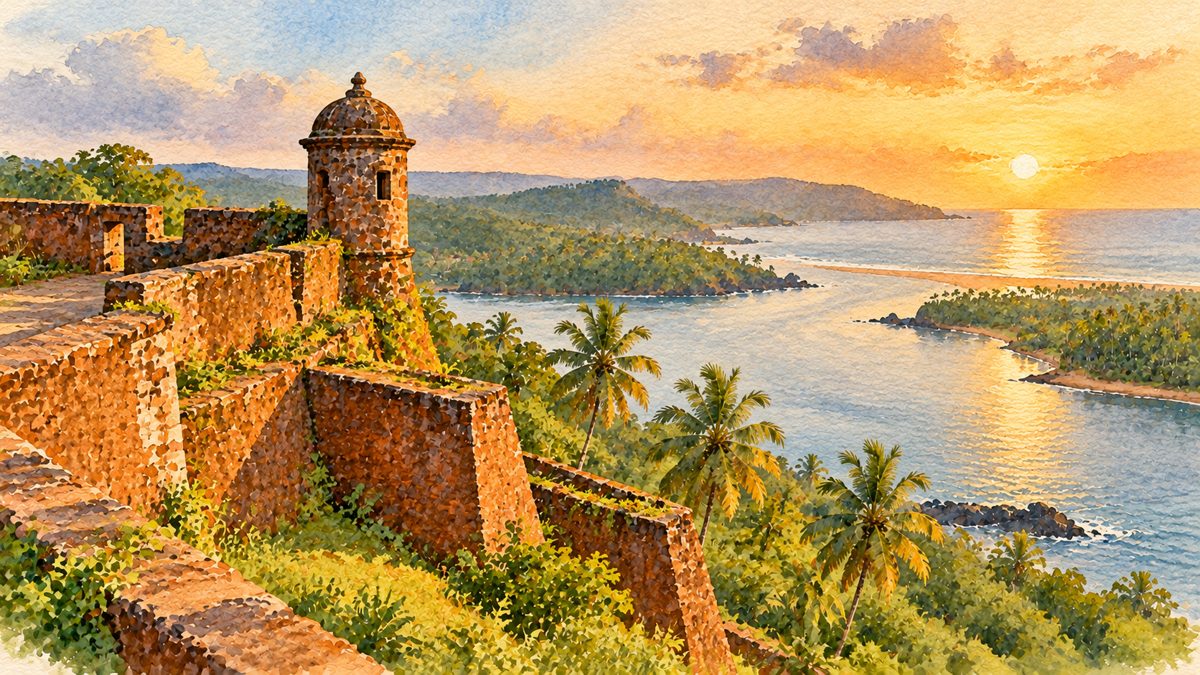 Watercolour illustration of a Goan hilltop fort