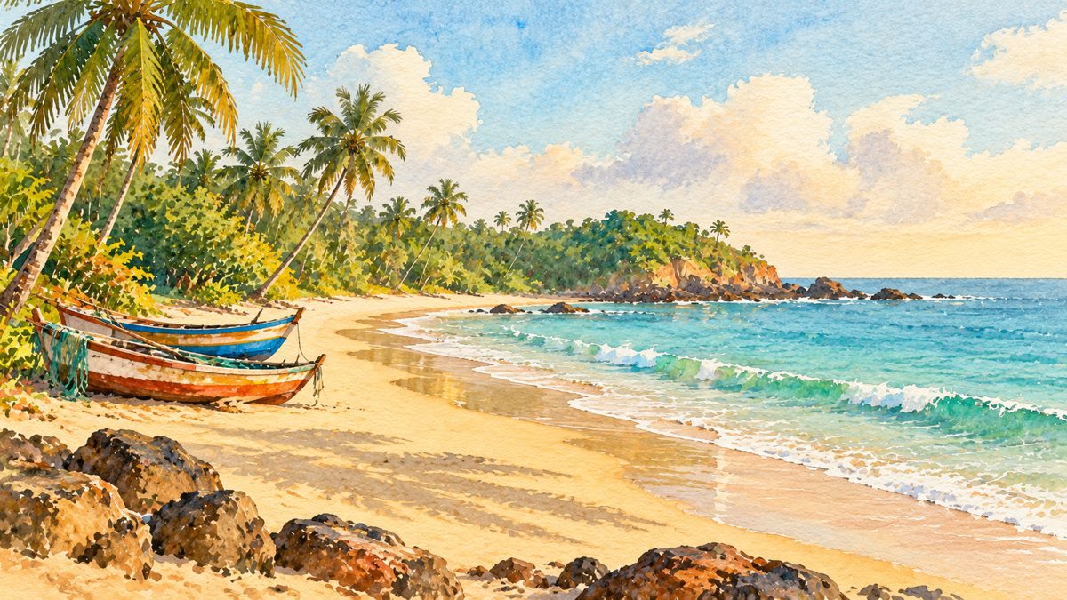Watercolour illustration of a quiet North Goa beach