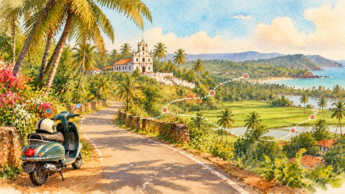 Watercolour illustration of a North Goa road trip